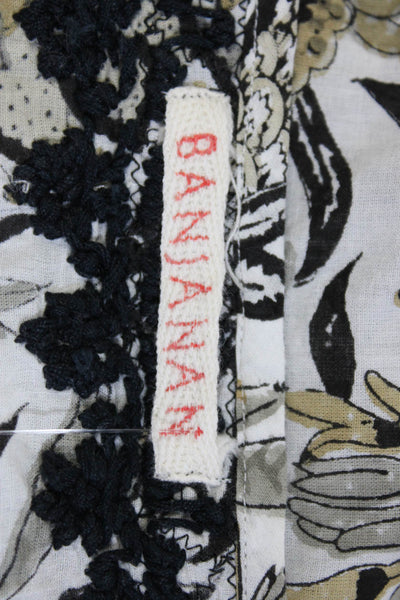 Banjanan Womens White Cotton Floral Tie Back V-Neck Short Sleeve Tunic Top SizeS