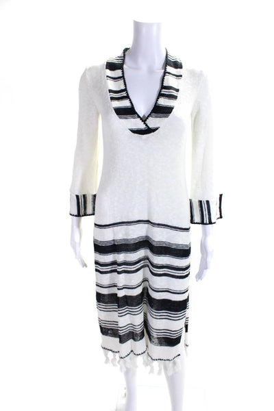 Calypso Saint Barth Womens White Printed V-Neck Long Sleeve Fringe Dress Size 0