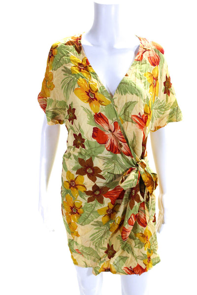 Faithfull The Brand Womens Yellow Floral V-Neck Short Sleeve Wrap Dress Size 6