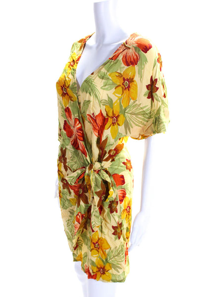 Faithfull The Brand Womens Yellow Floral V-Neck Short Sleeve Wrap Dress Size 6