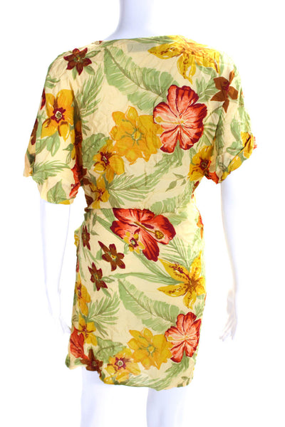 Faithfull The Brand Womens Yellow Floral V-Neck Short Sleeve Wrap Dress Size 6