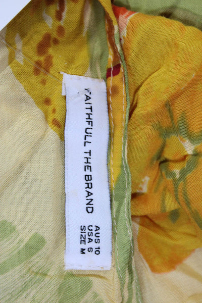 Faithfull The Brand Womens Yellow Floral V-Neck Short Sleeve Wrap Dress Size 6