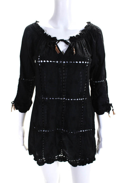Letarte Handmade Womens Black Cotton Tie Neck Long Sleeve A-Line Dress Size S