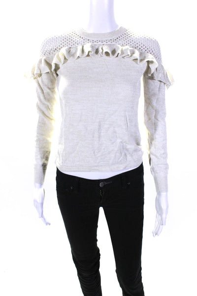 Aqua Womens Metallic Woven Long Sleeved Ruffled Crew Neck Sweater White Size XS