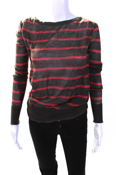 Scoop NYC Womens Striped Thin Knit Long Sleeved Slim Sweater Brown Coral Size P