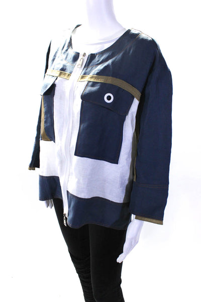 Bianco Nero Women's Round Neck 3/4 Sleeves Full Zip Pockets Jacket Blue Size 48