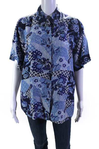 Oscar de la Renta Expressions Womens Silk Button Down Blouse Blue Size Large