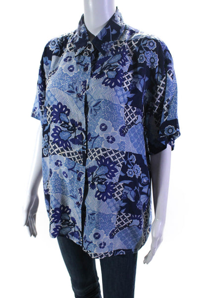 Oscar de la Renta Expressions Womens Silk Button Down Blouse Blue Size Large