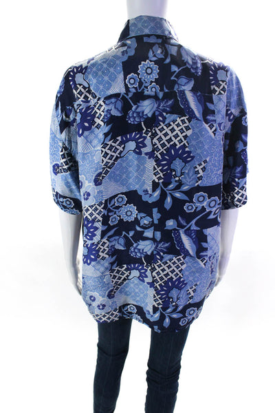 Oscar de la Renta Expressions Womens Silk Button Down Blouse Blue Size Large