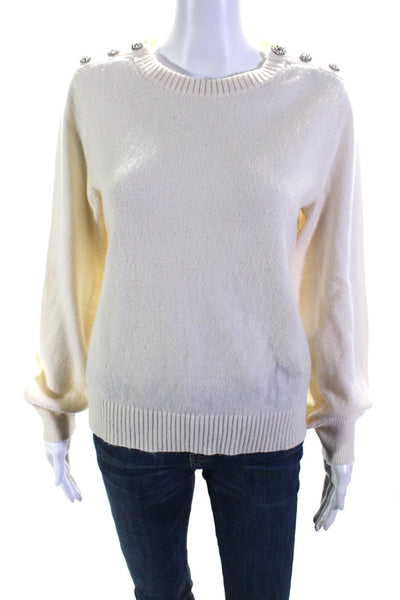 J Crew Womens White Crew Neck Embellished Long Sleeve Pullover Sweater Top SizeM