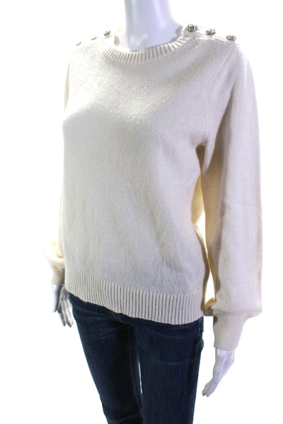 J Crew Womens White Crew Neck Embellished Long Sleeve Pullover Sweater Top SizeM