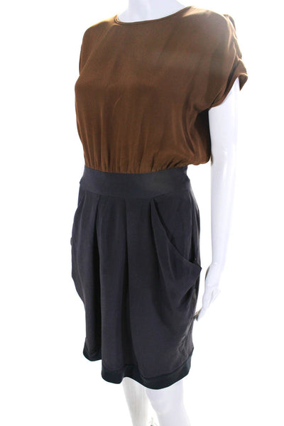 A Piece Apart Womens Silk Crepe Two Tone Sleeveless A-Line Dress Brown Size 8