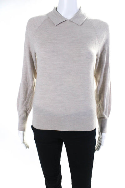 Theory Womens Merino Wool Knit Collared Long Sleeve Sweater Top Beige Size S