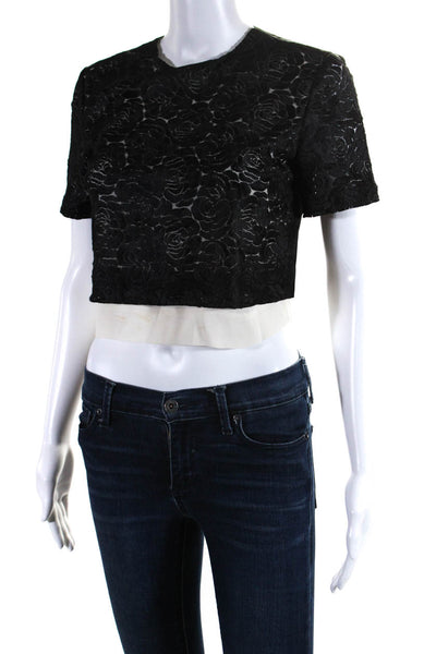 ALC Womens Rosette Lace Short Sleeve Crew Neck Crop Top Blouse Black Size 2