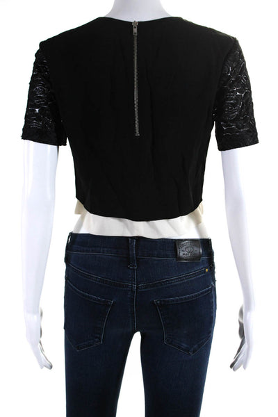 ALC Womens Rosette Lace Short Sleeve Crew Neck Crop Top Blouse Black Size 2