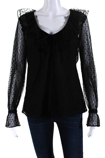 J Crew Women's Round Neck Ruffle Long Sleeves Sheer Blouse Black Size S