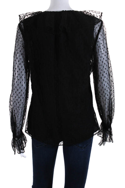 J Crew Women's Round Neck Ruffle Long Sleeves Sheer Blouse Black Size S