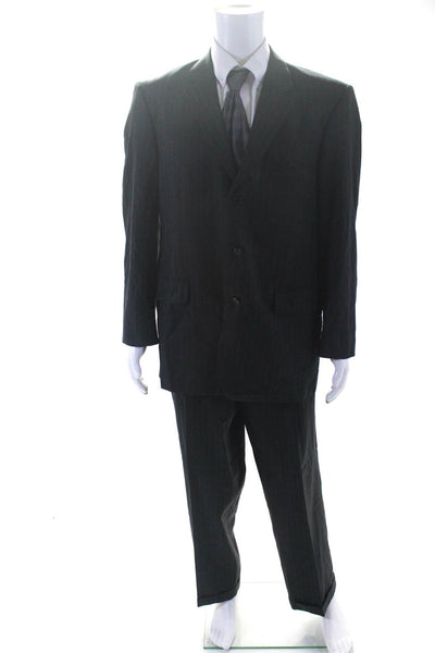 Strafford Mens Wool Striped Buttoned Collared Blazer Pants Set Black Size EUR42