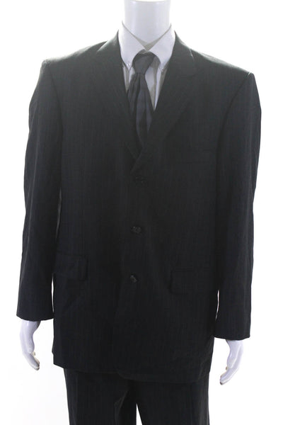 Strafford Mens Wool Striped Buttoned Collared Blazer Pants Set Black Size EUR42