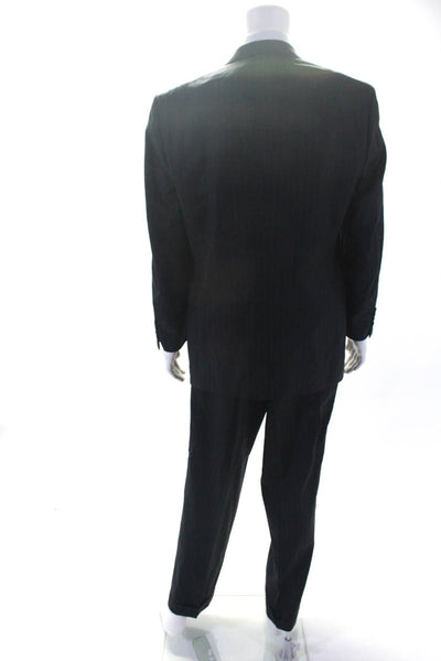 Strafford Mens Wool Striped Buttoned Collared Blazer Pants Set Black Size EUR42