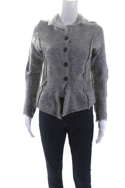 Crea Concept Womens Wool Herringbone Button Up Cardigan Sweater Gray Size M