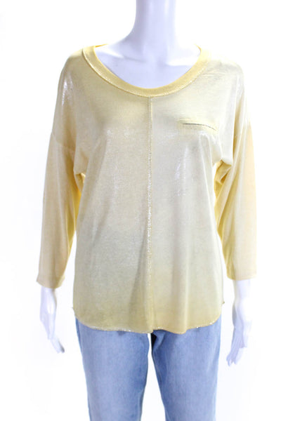 Gigi Moda Womens Jersey Knit Metallic 3/4 Sleeve Shirt Top Tinted Yellow Size S