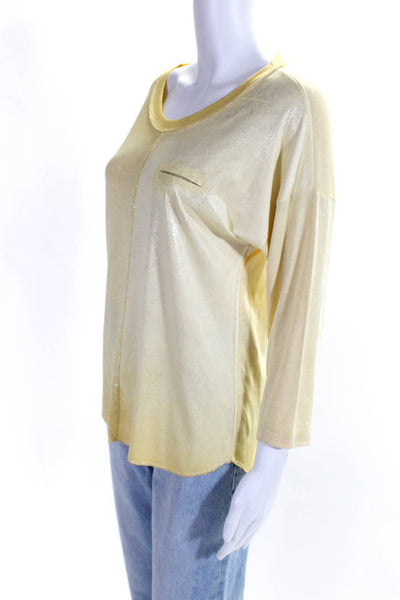 Gigi Moda Womens Jersey Knit Metallic 3/4 Sleeve Shirt Top Tinted Yellow Size S