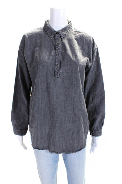 Eileen Fisher Womens Denim Long Sleeve Button Up Collared Tunic Top Black Size S