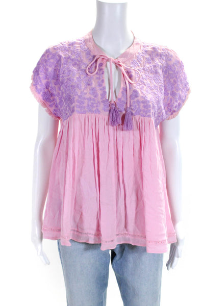 J. Marie Womens Embroidered Key Hole Neck Blouse Pink Purple Size Small