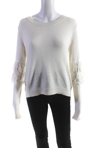 Nation LTD Women's Crewneck Long Sleeves Fringe Pullover Sweater Cream Size S