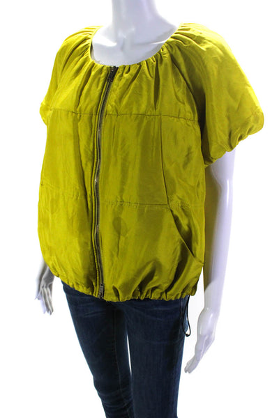 DKNY Women's Silk Puff Sleeve Front Zip Drawstring Blouse Green Size M