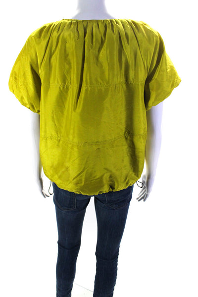 DKNY Women's Silk Puff Sleeve Front Zip Drawstring Blouse Green Size M