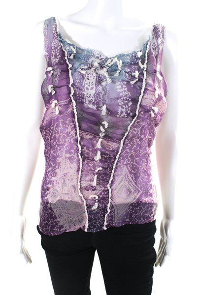 Rangoon Womens Scoop Neck Abstract Sheer Silk Top Purple White Size Medium