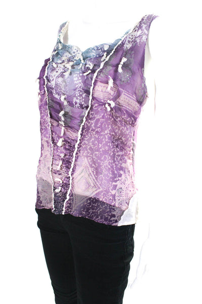 Rangoon Womens Scoop Neck Abstract Sheer Silk Top Purple White Size Medium