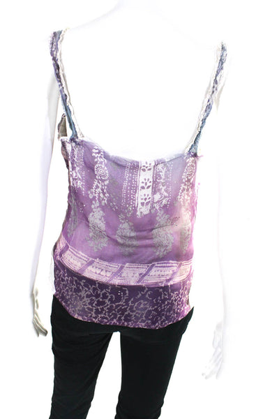 Rangoon Womens Scoop Neck Abstract Sheer Silk Top Purple White Size Medium