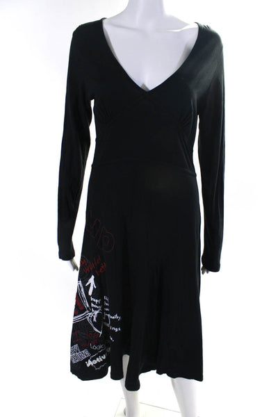 Desigual Womens Long Sleeve Embroidered Trim Midi Shirt Dress Black Size Medium