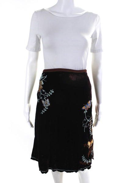 Johnny Was Womens Back Zip Butterfly Embroidered Velvet Skirt Brown Size Medium