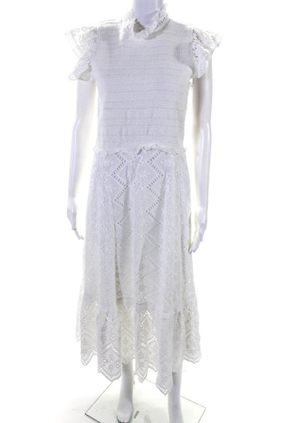Sea Womens Cotton Floral Lace Smocked Back Zipped Ruffle Maxi Dress White Size 8