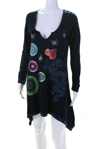 Desigual Womens Long Sleeve Embroidered V Neck Shirt Dress Navy Blue Size Medium