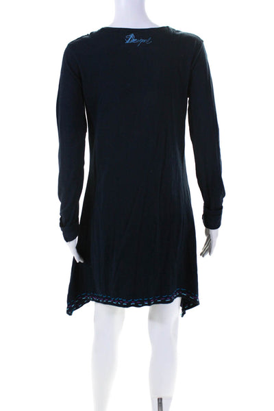 Desigual Womens Long Sleeve Embroidered V Neck Shirt Dress Navy Blue Size Medium