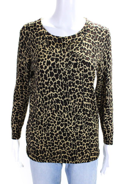 J Crew Womens Merino Wool Knit Leopard Print Crewneck Knit Top Brown Size M