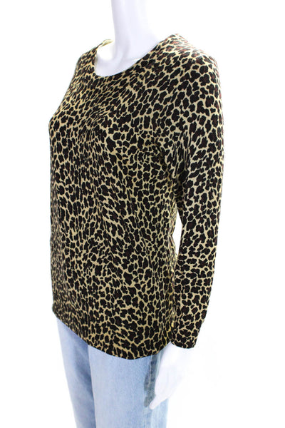 J Crew Womens Merino Wool Knit Leopard Print Crewneck Knit Top Brown Size M