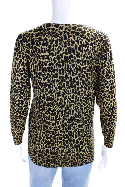 J Crew Womens Merino Wool Knit Leopard Print Crewneck Knit Top Brown Size M