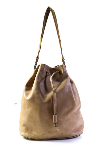 Prada Womens Solid Brown Leather  Saffiano Lux Tie Bucket Shoulder Bag Handbag