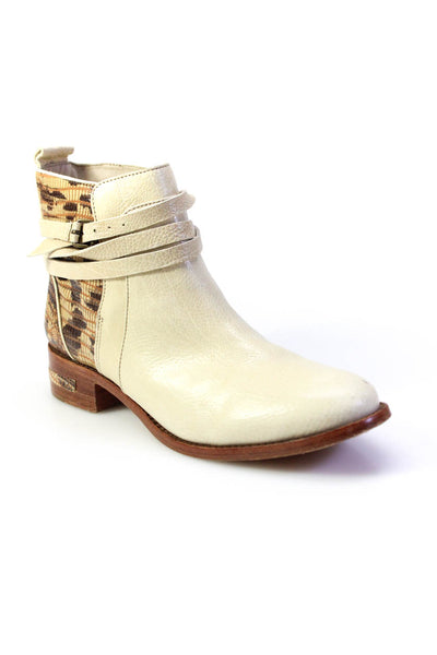 Freda Salvador Womens Leather Snakeskin Print Ankle Wrap Boots Beige Size 7US
