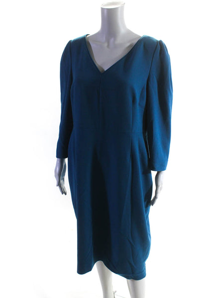 L.K. Bennett Womens Woven V-Neck Long Sleeve Zip Up Sheath Dress Blue Size 14