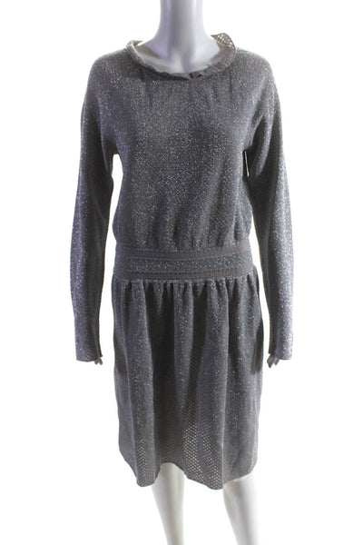 Tory Burch Womens Knit Metallic Crew Neck Long Sleeve A-Line Dress Silver Size L