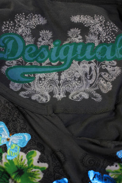 Desigual Womens Long Sleeve Metallic Floral Tee Shirt Gray Multi Size Large