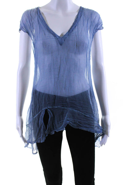 Beth Schaeffer Womens Cap Sleeve V Neck Sheer Draped Top Blue Size Medium