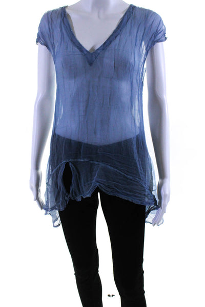 Beth Schaeffer Womens Cap Sleeve V Neck Sheer Draped Top Blue Size Medium